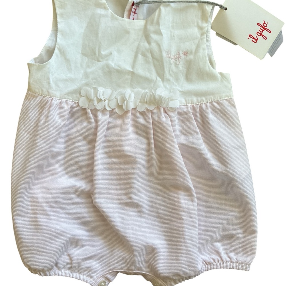 BNWT Il Gufo Baby Girl Pink Seersucker & White Cotton Floral Romper - Size 9M